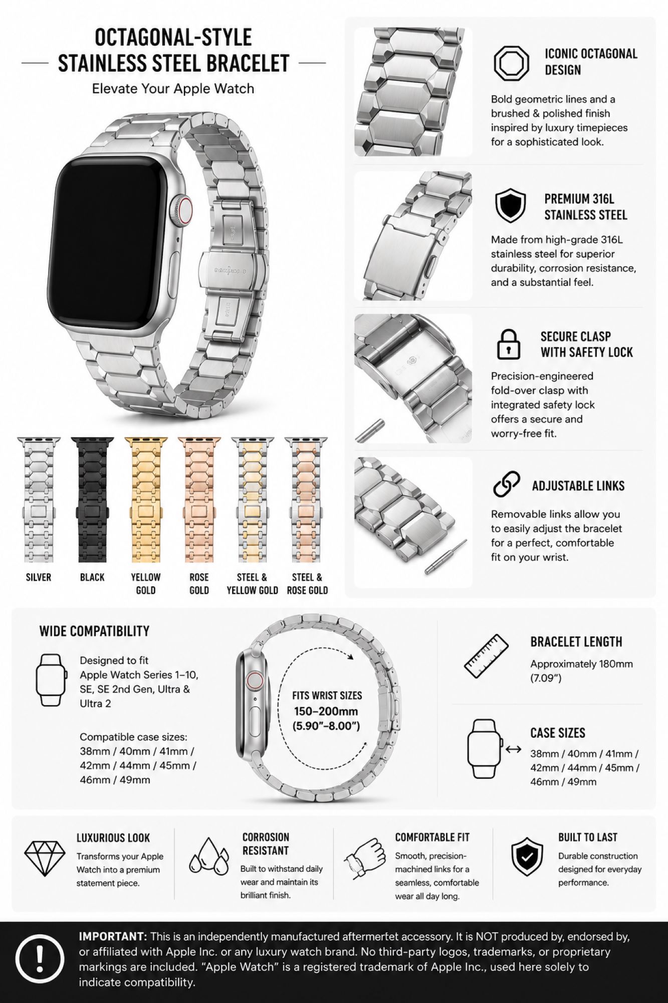 Octagonal-Style Stainless Steel Replacement Band Compatible with Apple Watch 40mm, Rose Gold photo 5