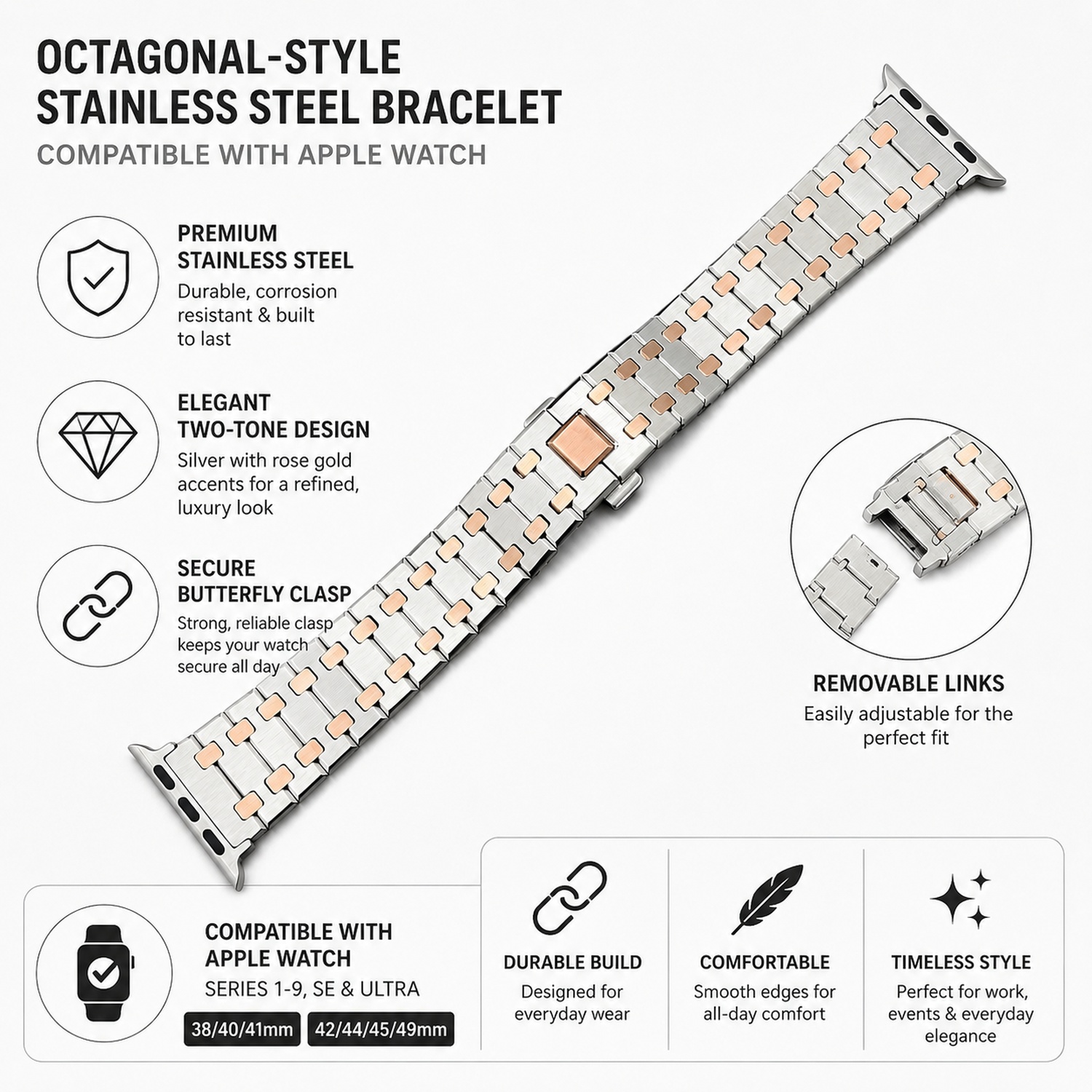 Octagonal-Style Stainless Steel Replacement Band Compatible with Apple Watch 38mm, Steel & Rose Gold photo 5