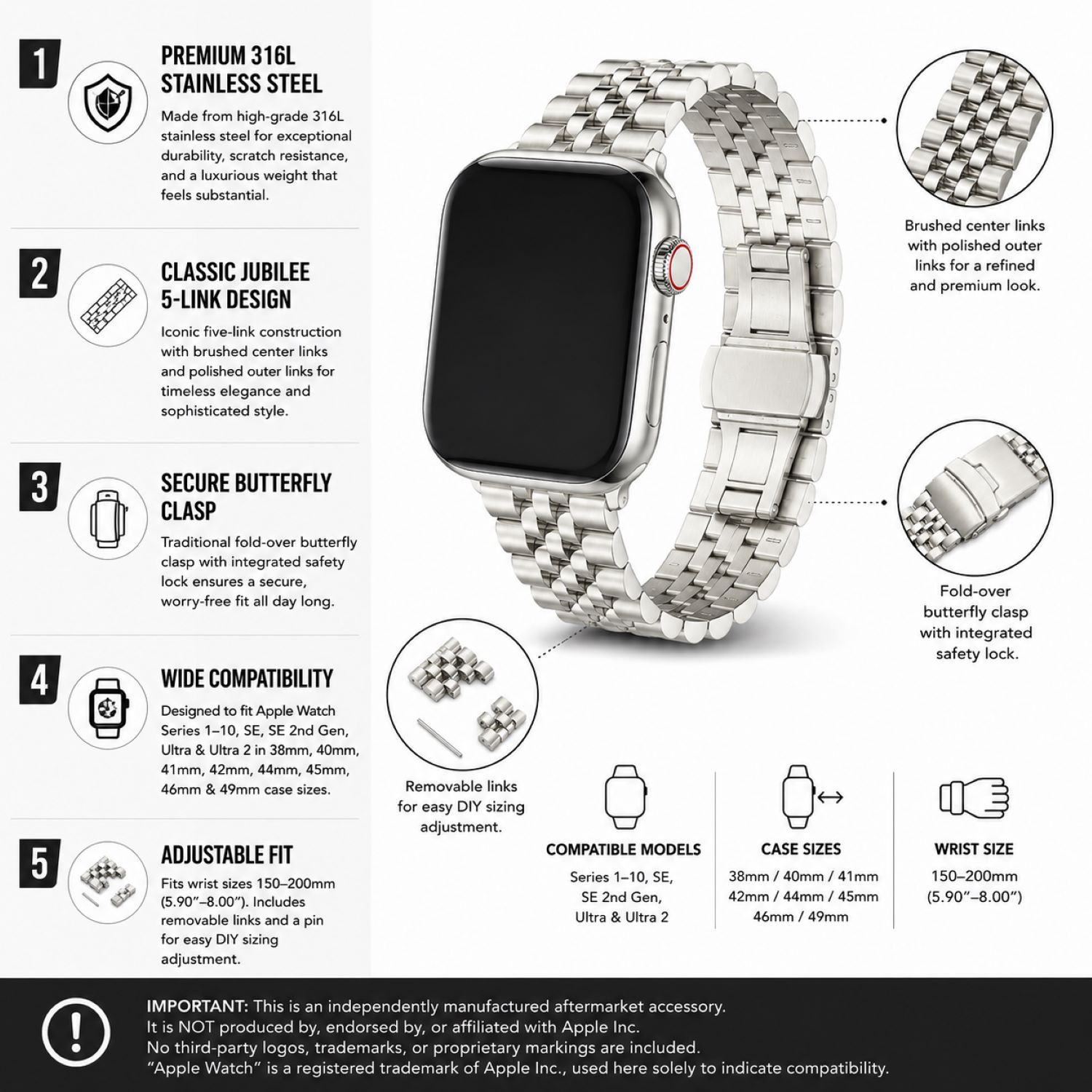 Silver Classic Multi-Link Stainless Steel Replacement Band Compatible with Apple Watch 38mm photo 5