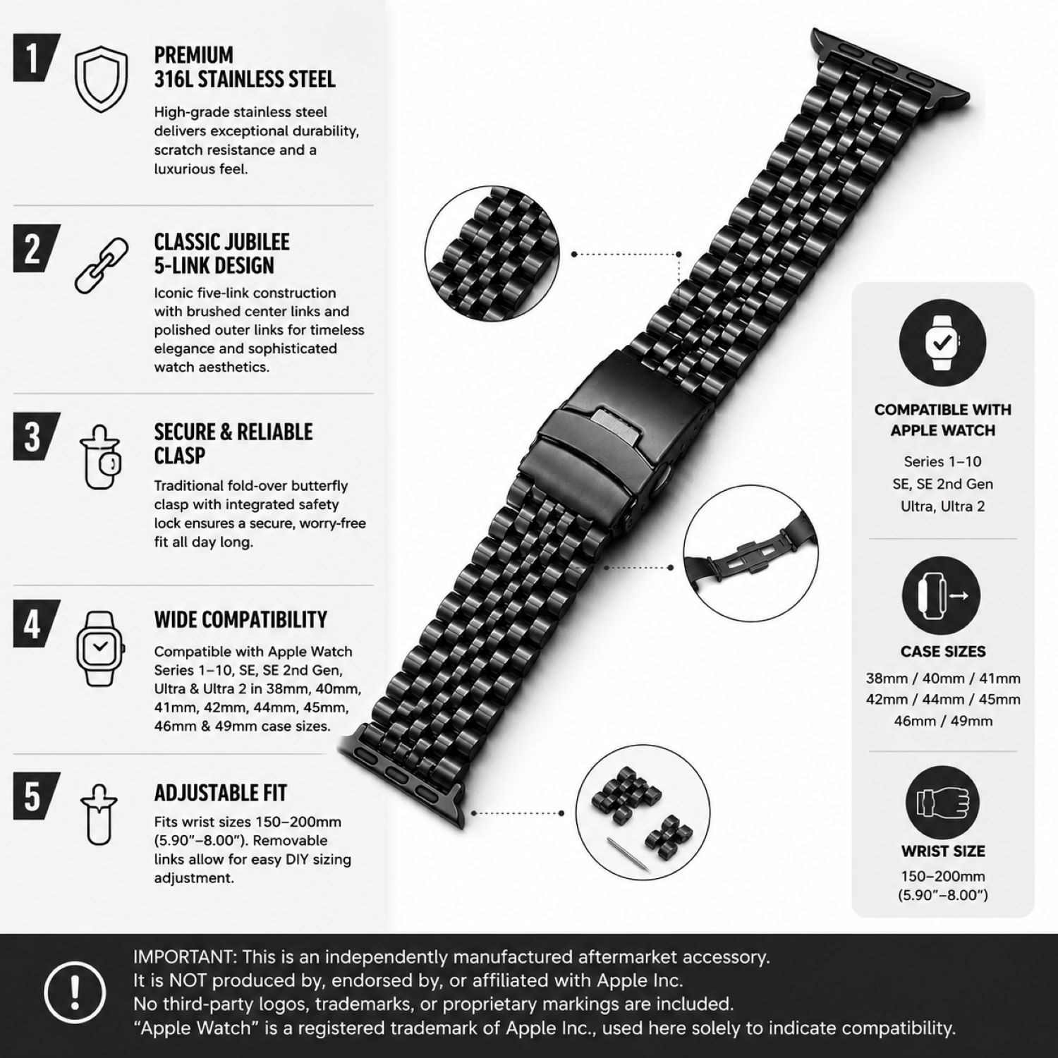 Black Classic Multi-Link Stainless Steel Replacement Band Compatible with Apple Watch 38mm photo 5