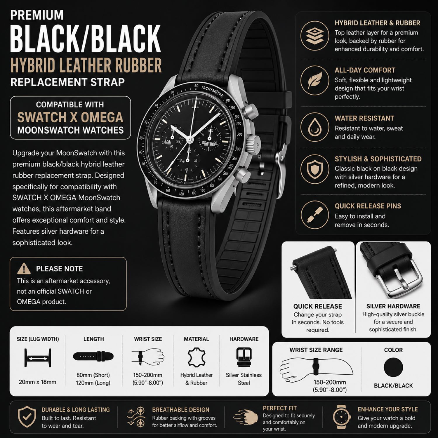 Replacement Leather & Rubber Hybrid Watch Replacement Band Compatible With Omega X Swatch MoonSwatch 20mm, Black photo 5