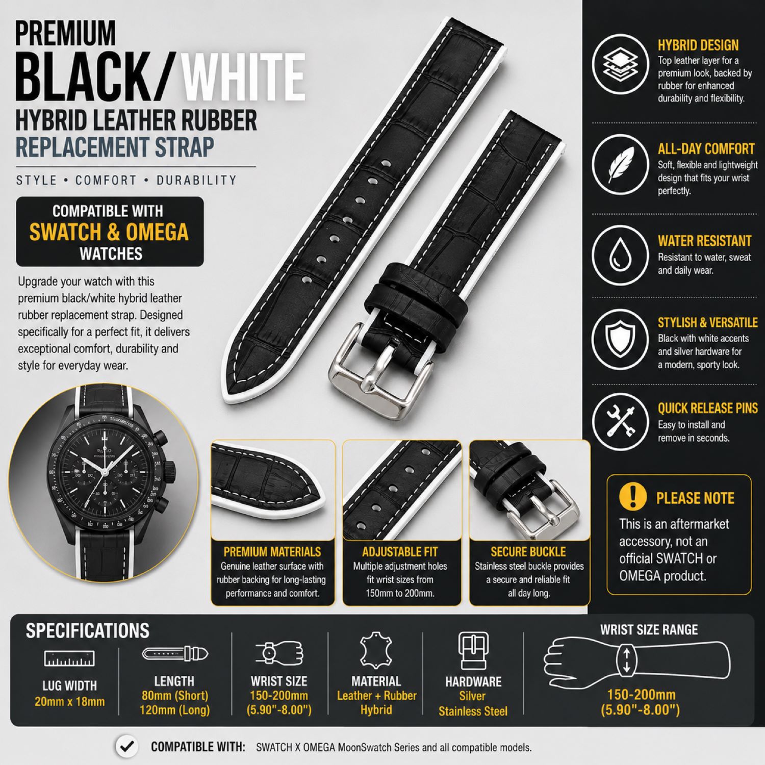 Replacement Leather & Rubber Hybrid Watch Replacement Band Compatible With Omega X Swatch MoonSwatch 20mm, Black/White photo 5