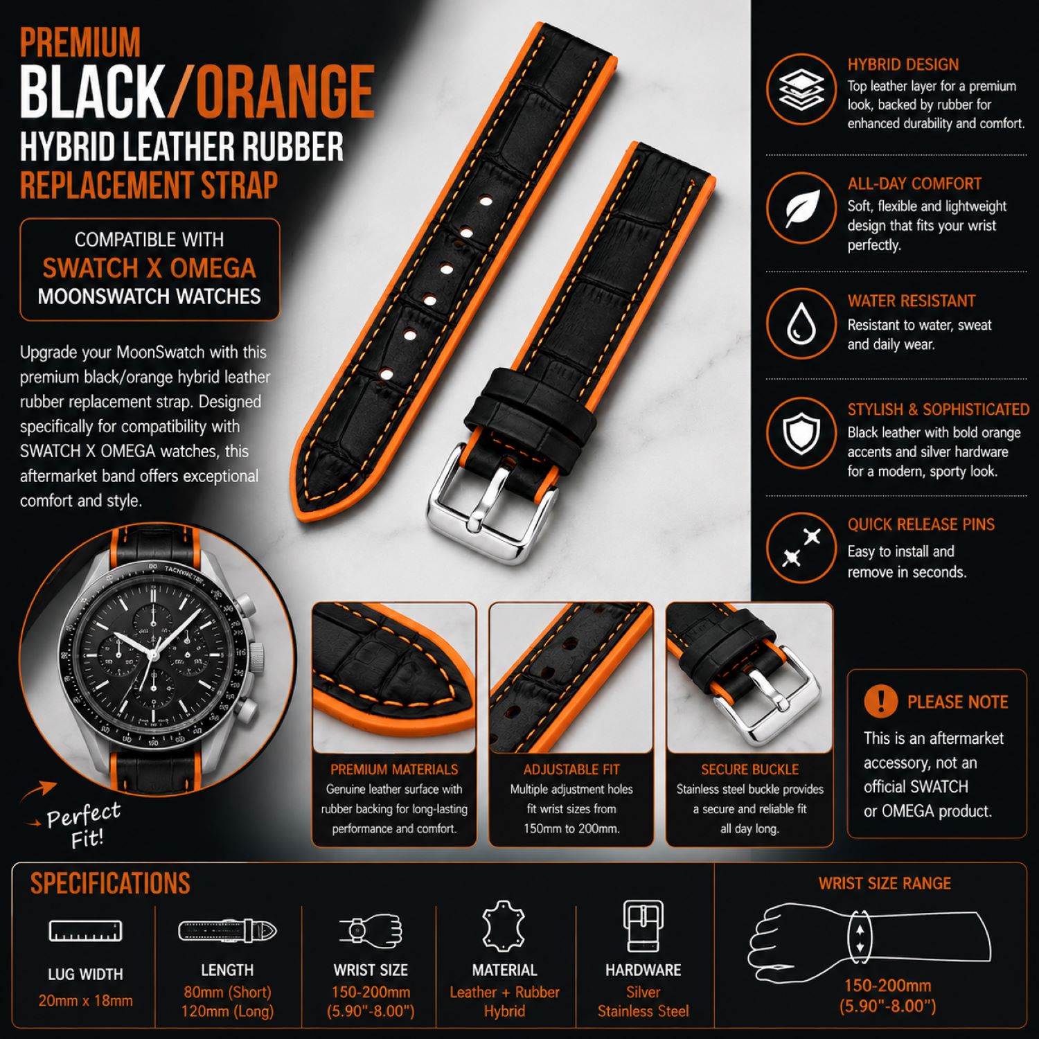 Replacement Leather & Rubber Hybrid Watch Replacement Band Compatible With Omega X Swatch MoonSwatch 20mm, Black/Orange photo 5