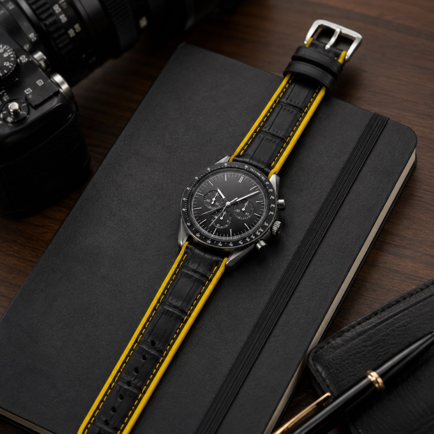 Replacement Leather & Rubber Hybrid Watch Replacement Band Compatible With Omega X Swatch MoonSwatch 20mm, Black/Yellow photo 3