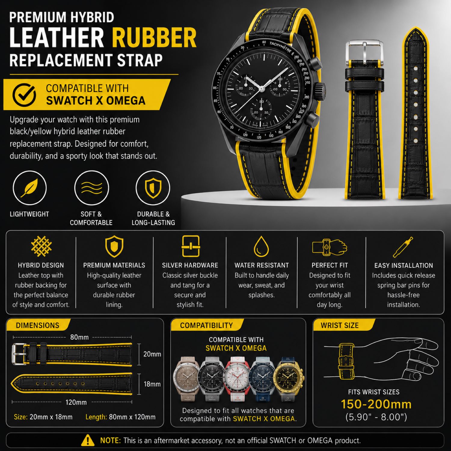Replacement Leather & Rubber Hybrid Watch Replacement Band Compatible With Omega X Swatch MoonSwatch 20mm, Black/Yellow photo 5