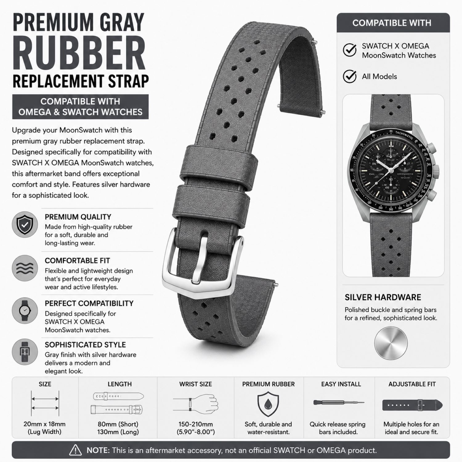 Replacement Silicone Watch Replacement Band Compatible With Omega X Swatch MoonSwatch 20mm, Gray photo 5