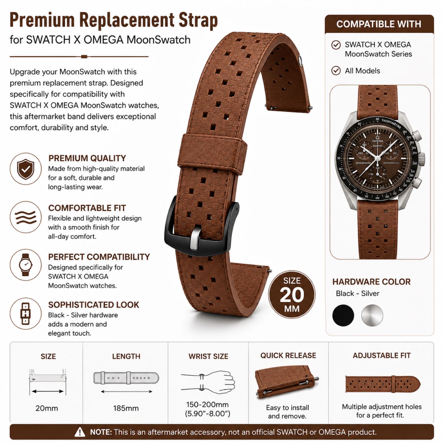 Replacement Silicone Watch Replacement Band Compatible With Omega X Swatch MoonSwatch 20mm, Brown photo 5