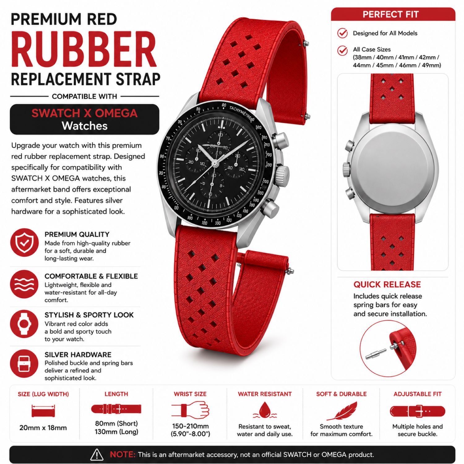 Replacement Silicone Watch Replacement Band Compatible With Omega X Swatch MoonSwatch 20mm, Red photo 5