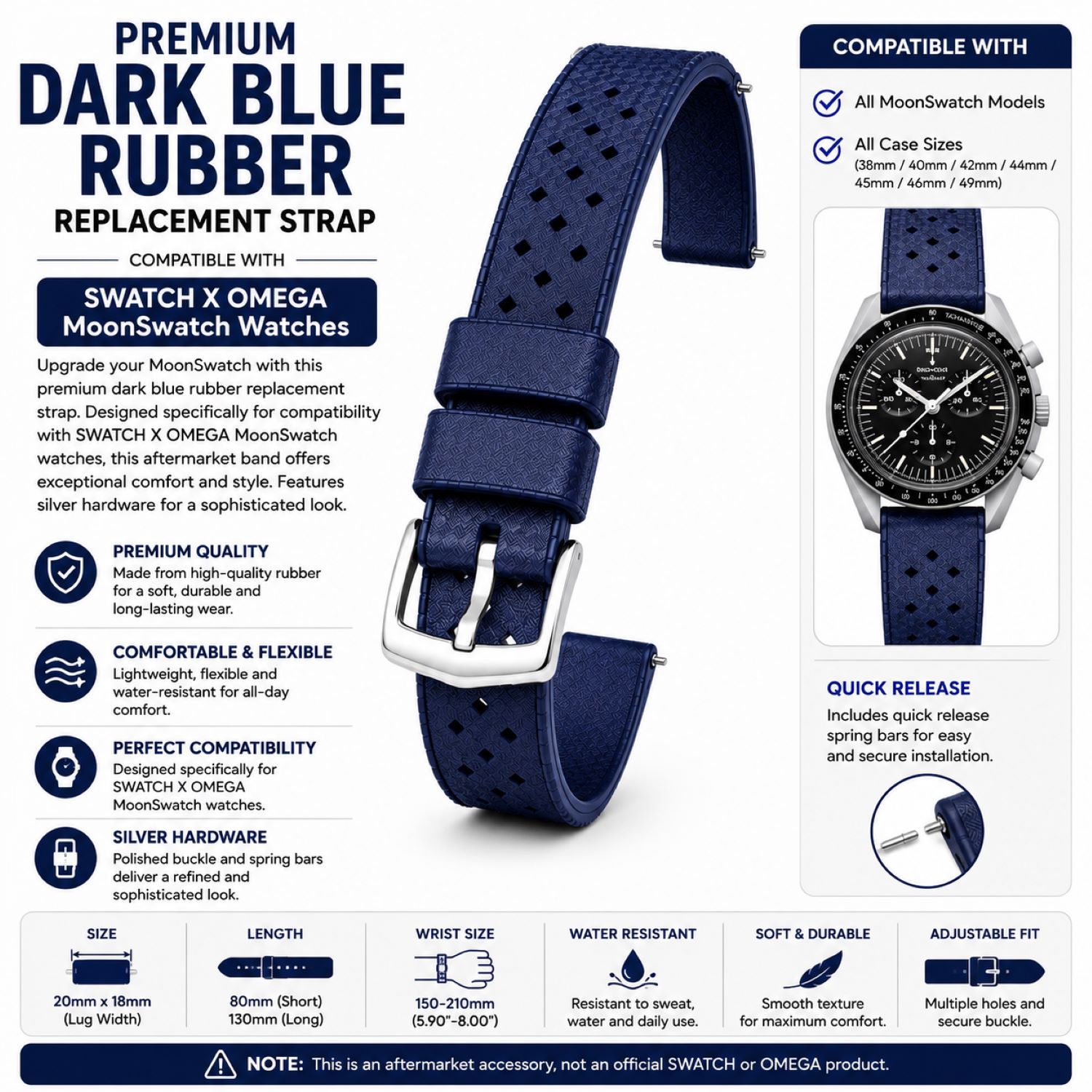 Replacement Silicone Watch Replacement Band Compatible With Omega X Swatch MoonSwatch 20mm, Dark Blue photo 5