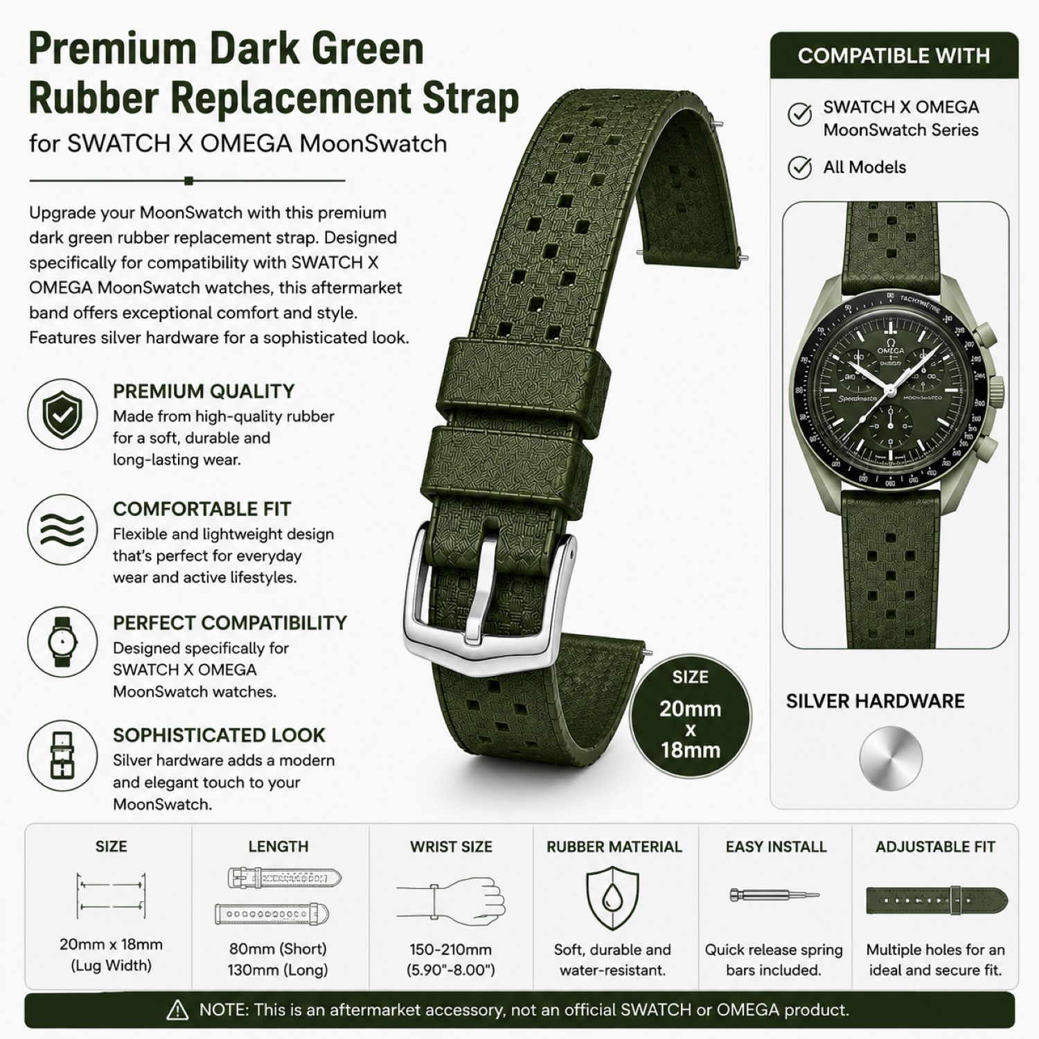 Replacement Silicone Watch Replacement Band Compatible With Omega X Swatch MoonSwatch 20mm, Dark Green photo 5